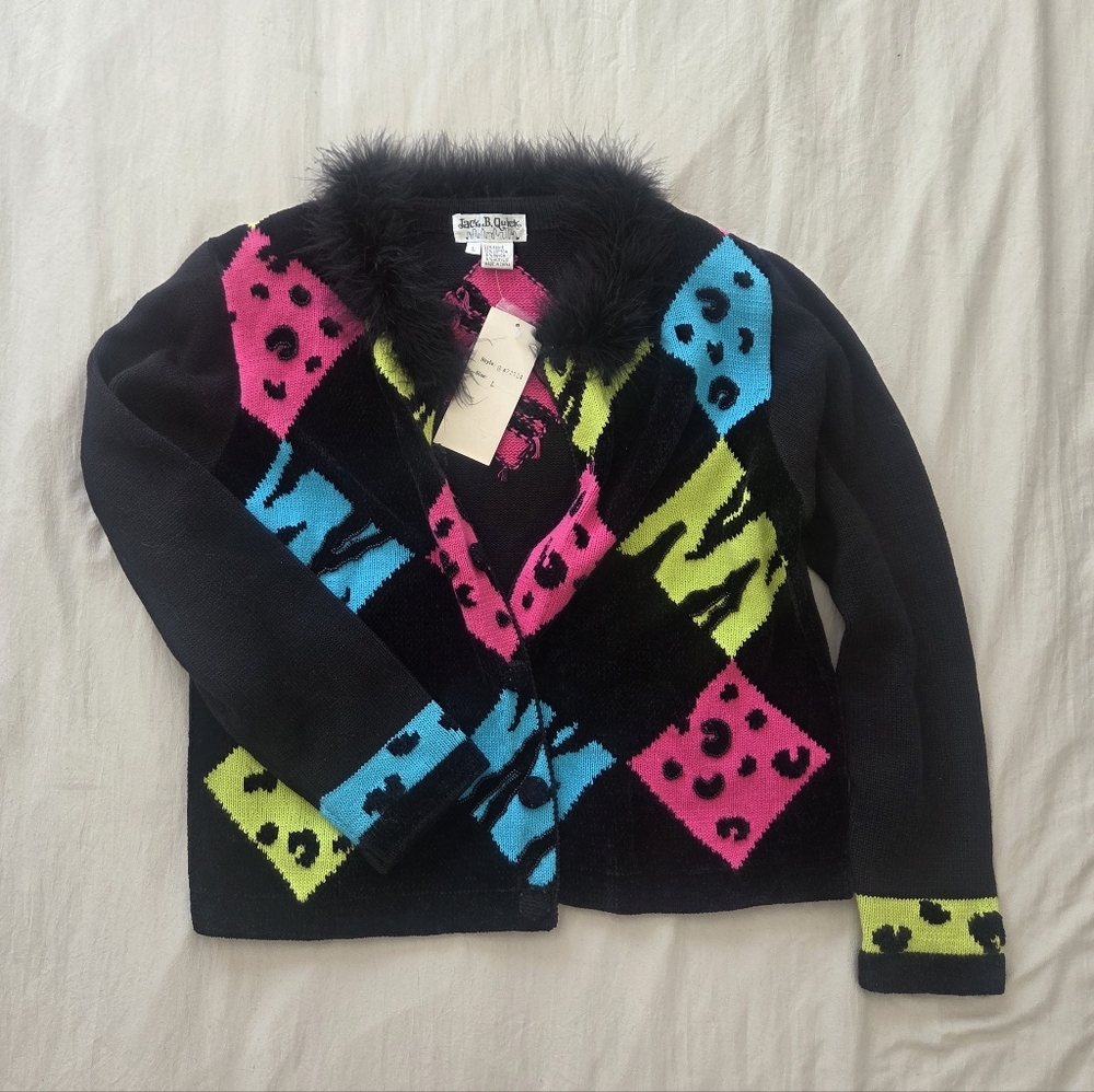 Jack B. Quick Vintage Cardigan Sweater W/ Faux-fur Collar & Animal Print Panels